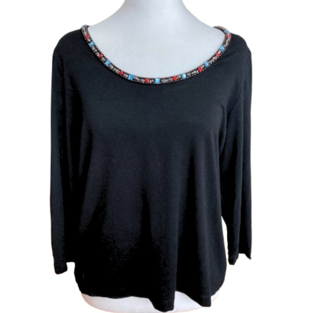 Susan Bristol Black Beaded Neckline Top 3/4 Sleeve Scoop Neck Knit Boho, Size XL